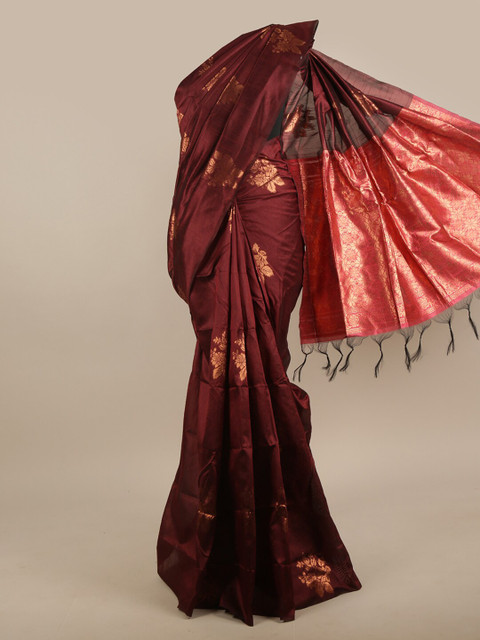 

Pothys Maroon Ethnic Motifs Jute Silk Saree
