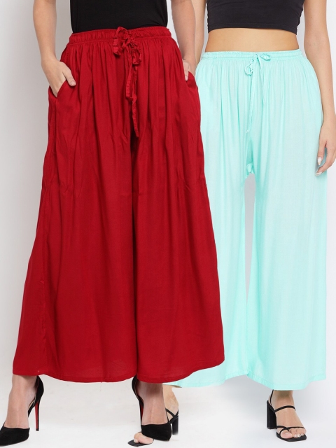 

Clora Creation Women Pack Of 2 Maroon & Blue Solid Flared Palazzo