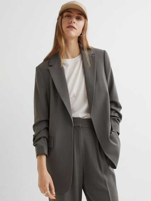 

H&M Women Green Gathered-Sleeve Jacket