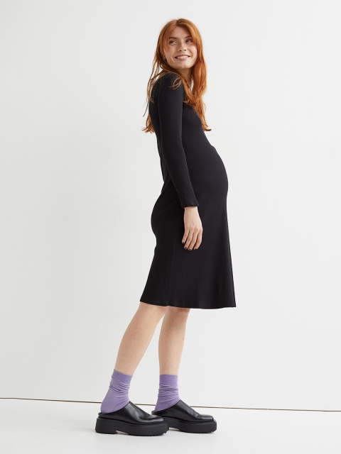 

H&M Women Black MAMA Ribbed Cotton Sheath Dress