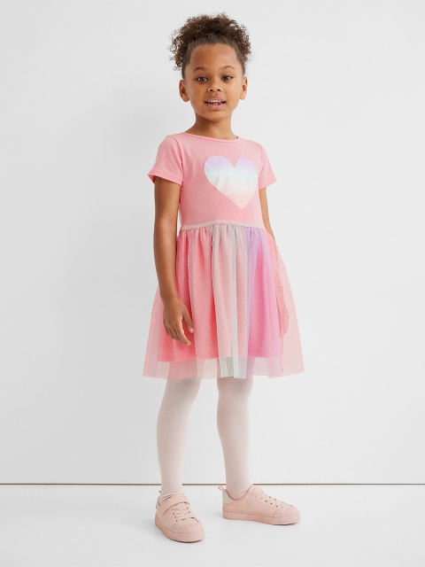 

H&M Girls Pink Heart Printed Tulle-Skirt Jersey Dress