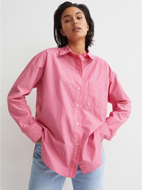 

H&M Women Pink & White Striped Oversized Cotton Shirt