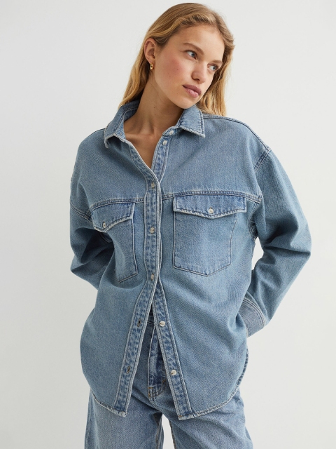 

H&M Women Blue Solid Denim Shirt