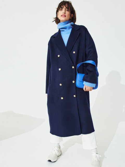 

H&M Women Blue Double-breasted Wool-mix Coat
