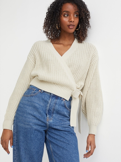 

H&M Women Beige Knitted Wrapover Cardigan