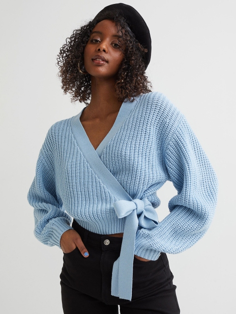 

H&M Women Blue Knitted Wrapover Cardigan