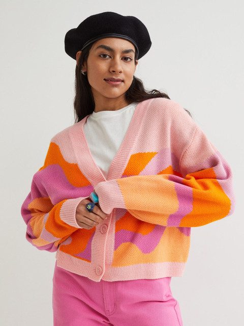 

H&M Women Pink & Orange Jacquard-Knit Cardigan