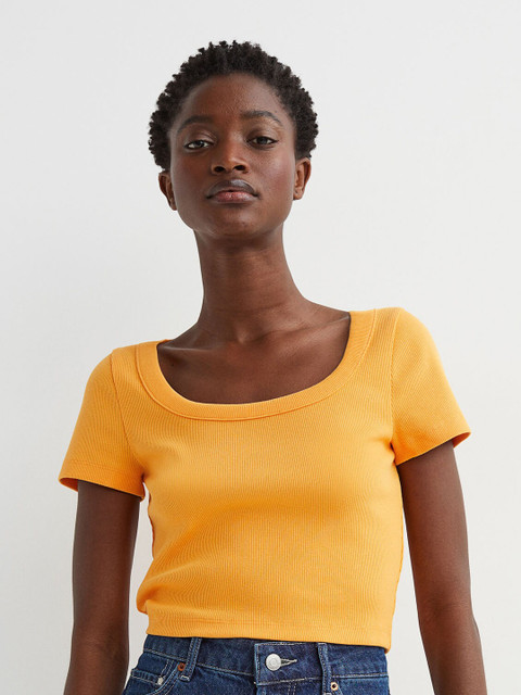 

H&M Women Orange Solid Crop Ribbed Top