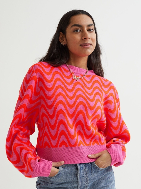 

H&M Women Pink & Red Self Design Acrylic Jumper