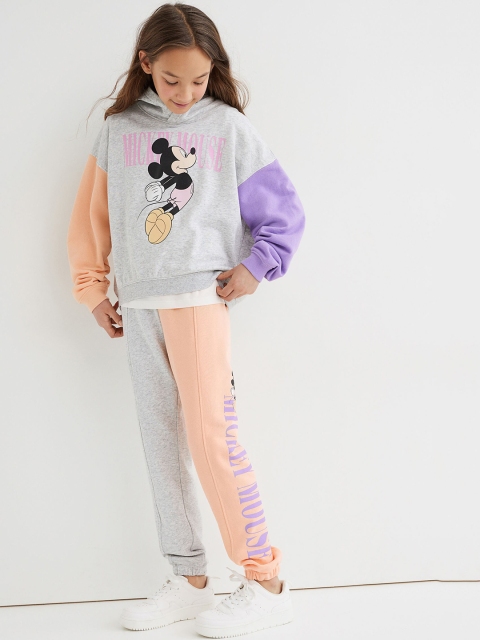 

H&M Girls Grey Melange & Peach Mickey Mouse Printed Joggers