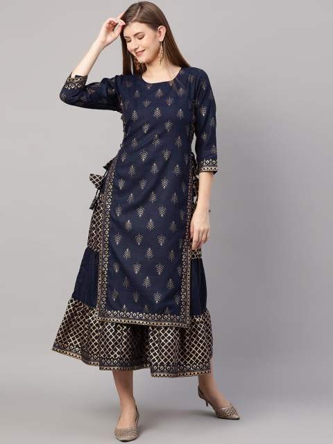 

KALINI Women Navy Blue Ethnic Motifs Straight Foil Printed Kurta with Sharara