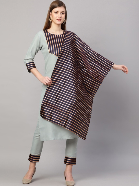 

KALINI Women Grey & Navy Blue Striped Kurta Set