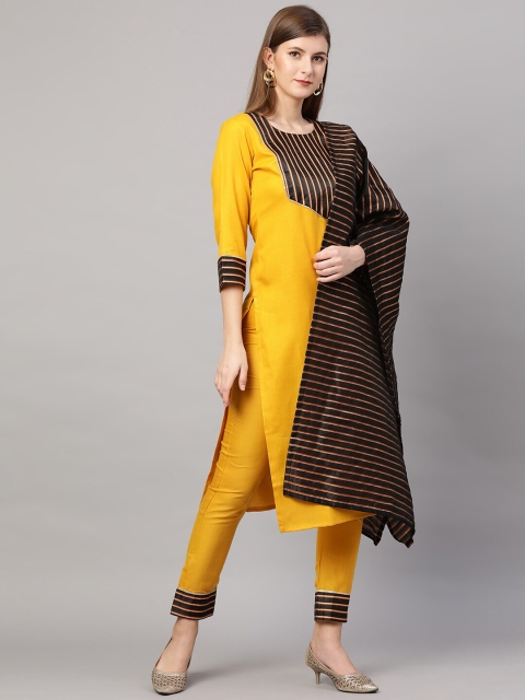 

KALINI Women Yellow & Black Striped Kurta with Trousers & Dupatta