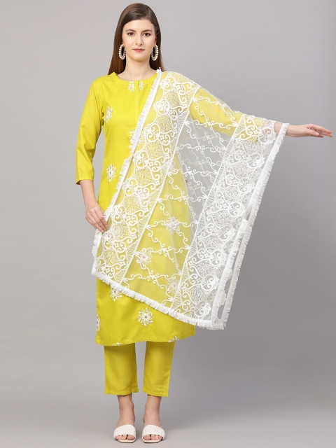 

KALINI Women Yellow & White Floral Embroidered Kurta with Trousers & Dupatta