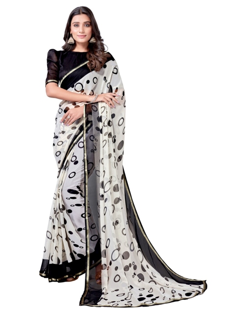 

KALINI White & Black Printed Zari Pure Chiffon Saree