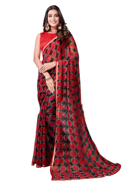 

KALINI Red & Black Printed Zari Pure Chiffon Saree