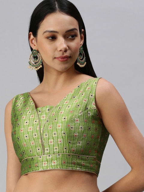 

flaher Women Green & Golden Ethnic Motifs Woven Design Jacquard Padded Blouse