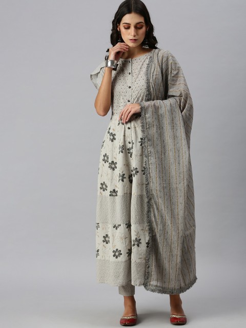 

SHOWOFF Women Grey Ethnic Motifs Printed Sequinned Kurta with Trousers & With Dupatta