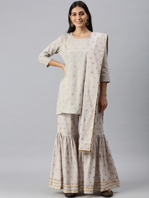 

SHOWOFF Women Grey Floral Printed Kurti with Sharara & Dupatta