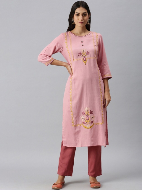 

SHOWOFF Women Pink Floral Embroidered Kurta with Trousers
