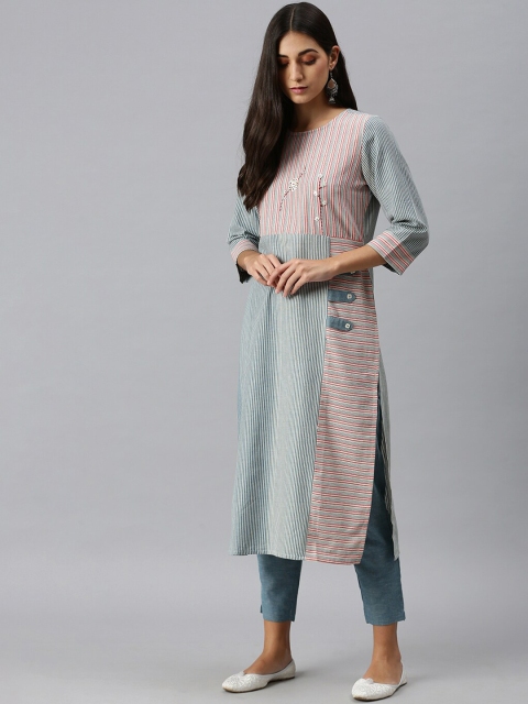 

SHOWOFF Women Blue Striped Panelled Thread Work Linen Kurta with Trousers