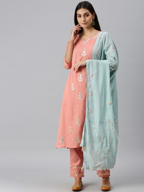 

SHOWOFF Women Peach-Coloured & Blue Embroidered Kurta with Trousers & Dupatta