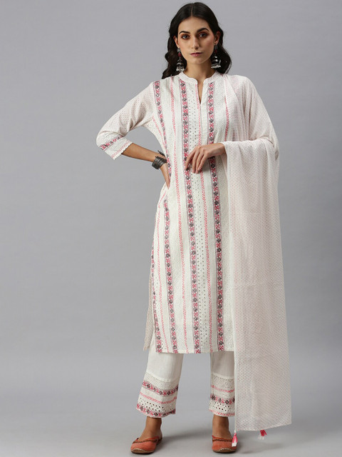 

SHOWOFF Women White Ethnic Motifs Angrakha Chikankari Kurti with Trousers & With Dupatta