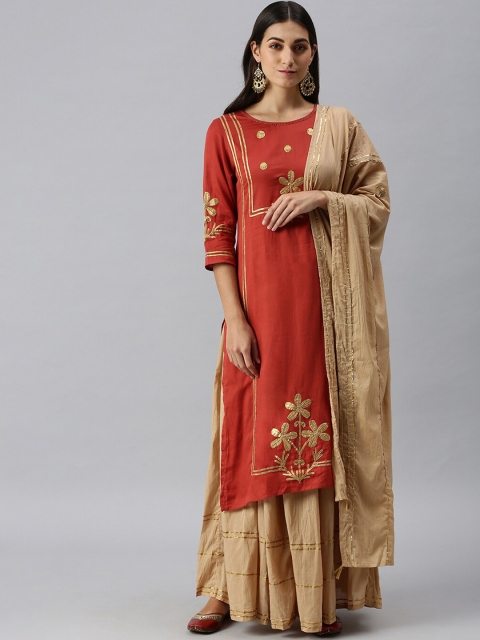 

SHOWOFF Women Rust Gotta Patti Kurta with Skirt & With Dupatta