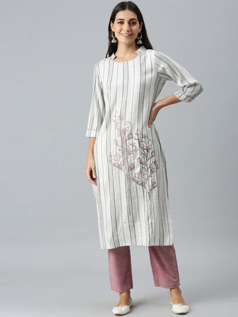

SHOWOFF Women White Striped Kurta with Trousers
