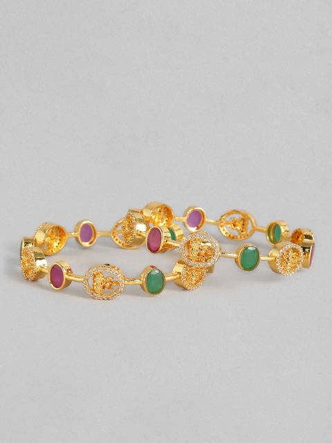 

I Jewels Set of 2 Pink & Green Gold-Plated Stone Studded Goddess Saraswati Bangles