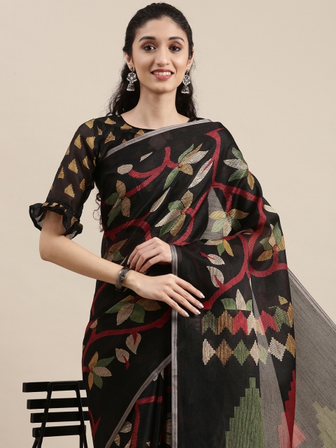 

Mitera Black & Red Poly Silk Floral Printed Saree