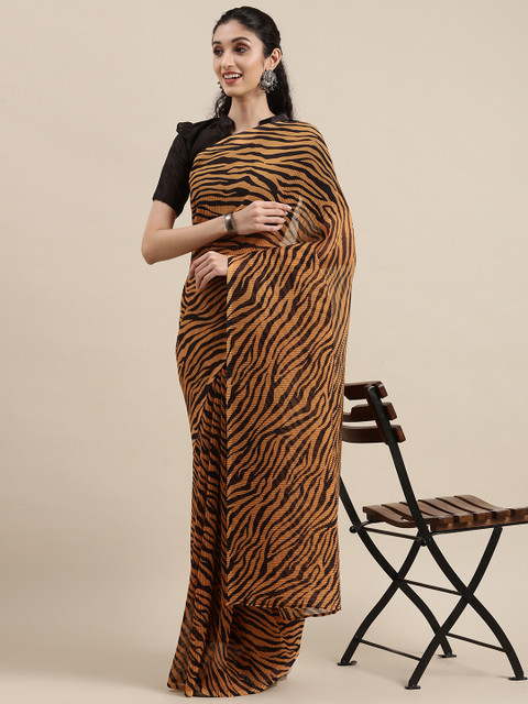

Mitera Brown & Black Zebra Print Acordion Pleated Pure Georgette Saree