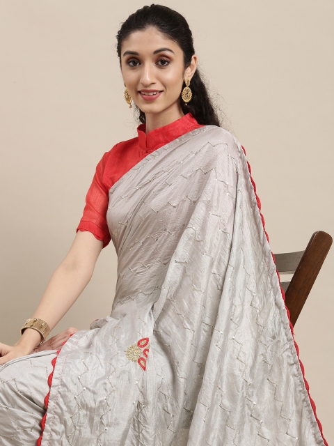 

Mitera Grey Ethnic Motifs Poly Silk Lace Sequence Embroidery Saree