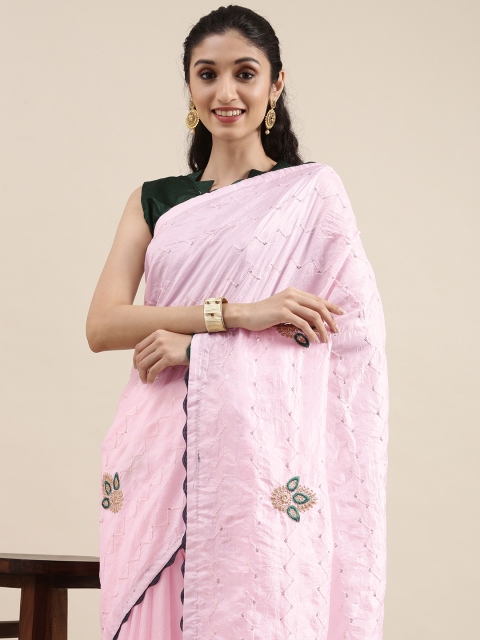 

Mitera Pink Ethnic Motifs Embroidered Poly Silk Lace Sequence Saree