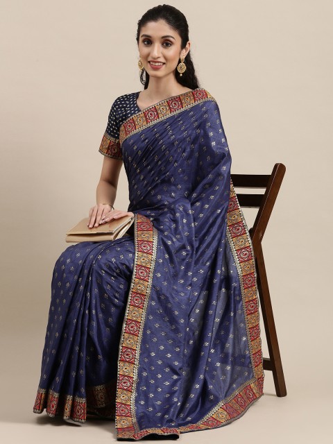 

Mitera Navy Blue Floral Poly Silk Lace Foil Printed Saree
