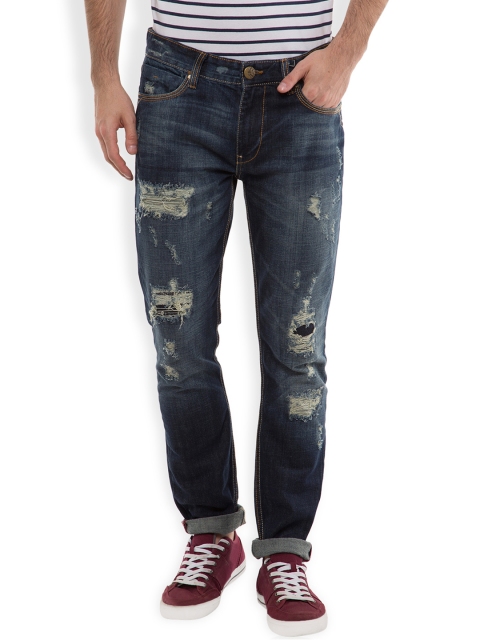 

LOCOMOTIVE Men Blue Straight Fit Mid-Rise Highly Distressed Jeans