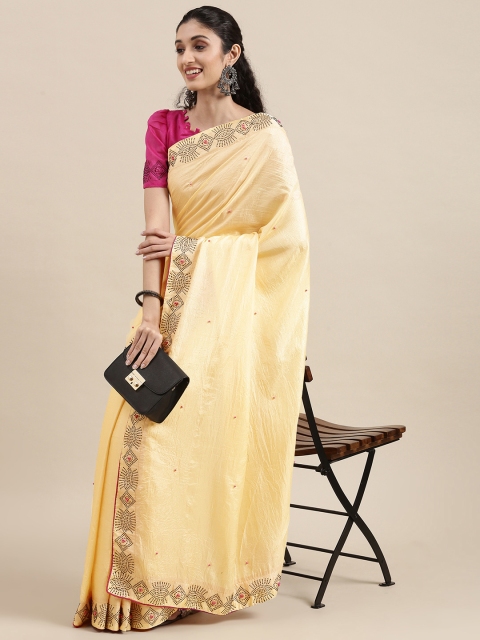 

Mitera Yellow Solid Hot Fixing Pearl PolySilk Saree
