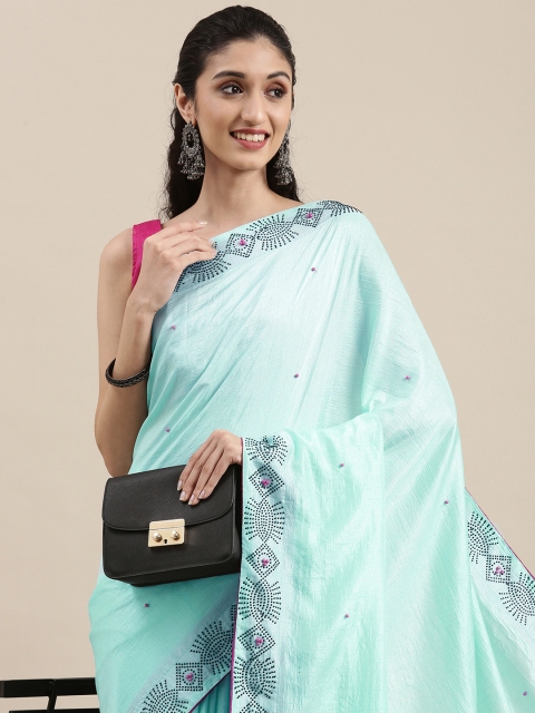 

Mitera Blue Solid Hot Fixing Pearl PolySilk Saree