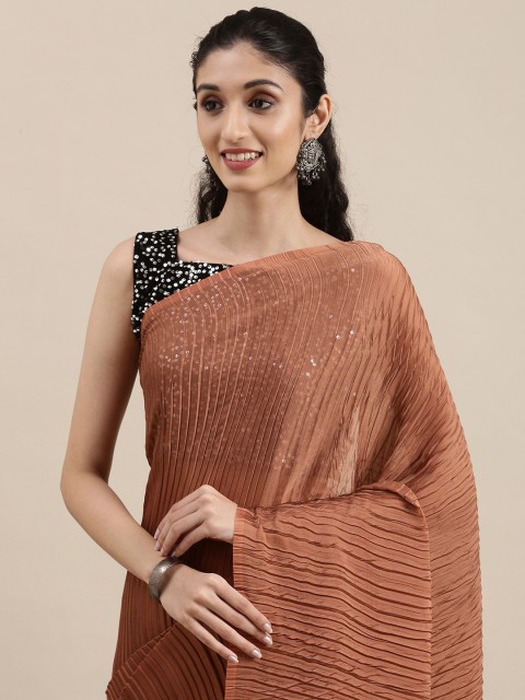 

Mitera Brown Solid Pure Georgette Pleated Dyed Saree