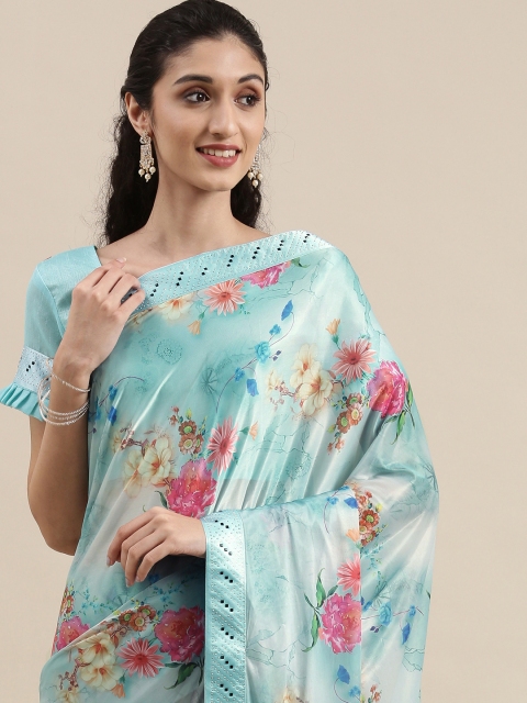 

Mitera Blue Floral Printed Saree with Lycra Hot Fixing On Lace