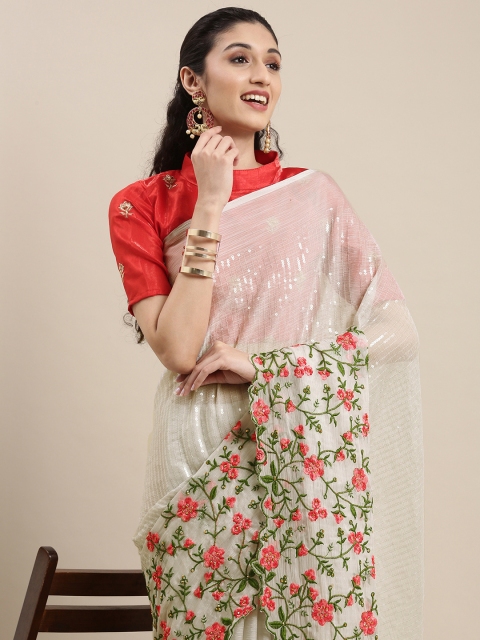 

Mitera Off White Floral Embroidered Pure Chiffon Dyed Stone Work Saree
