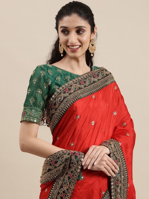 

Mitera Red Ethnic Motifs Embroidered Sequinned Poly Silk Lace Tassel Saree