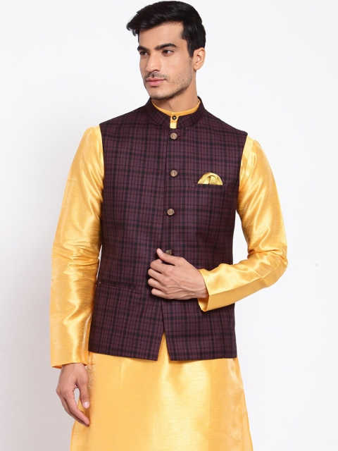 

MAXENCE Men Maroon & Black Checked Cotton Woven Nehru Jacket
