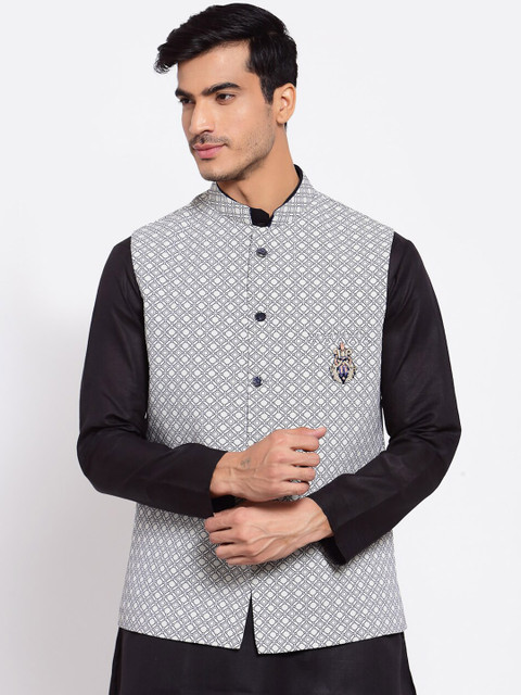 

MAXENCE Men White & Blue Printed Cotton Woven Nehru Jacket