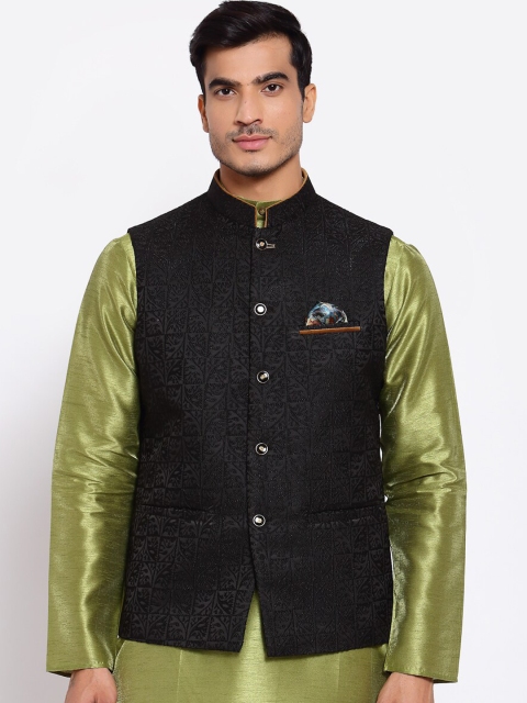 

MAXENCE Men Black Woven Design Cotton Nehru Jacket