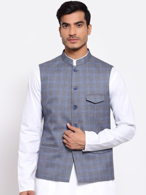 

MAXENCE Men Blue Checked Cotton Nehru Jacket