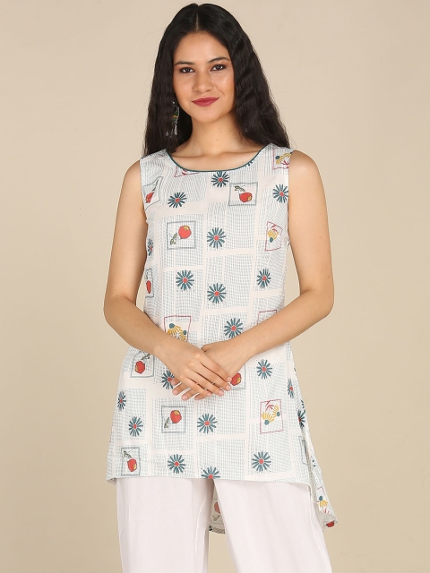 

Karigari Women White & Teal Floral Printed Sleeveless Kurta