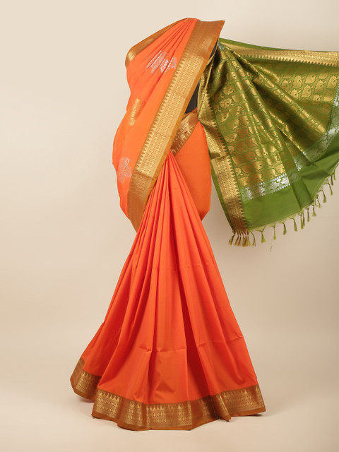 

Pothys Orange & Green Ethnic Motifs Zari Art Silk Saree