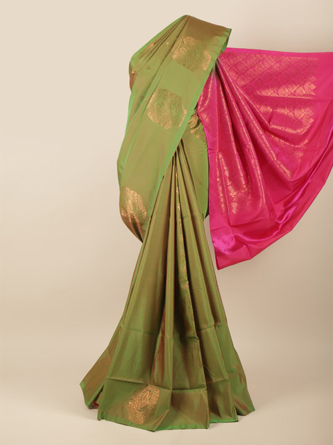 

Pothys Green, Pink & Copper-Toned Ethnic Motifs Zari Art Silk Saree