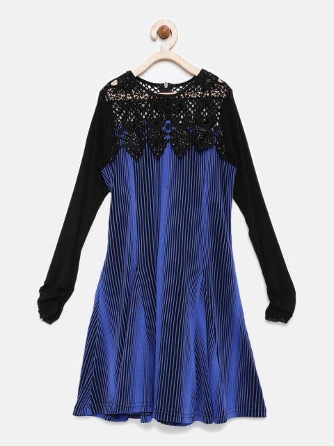 

Tiny Girl Blue & Black Self-Design A-Line Dress